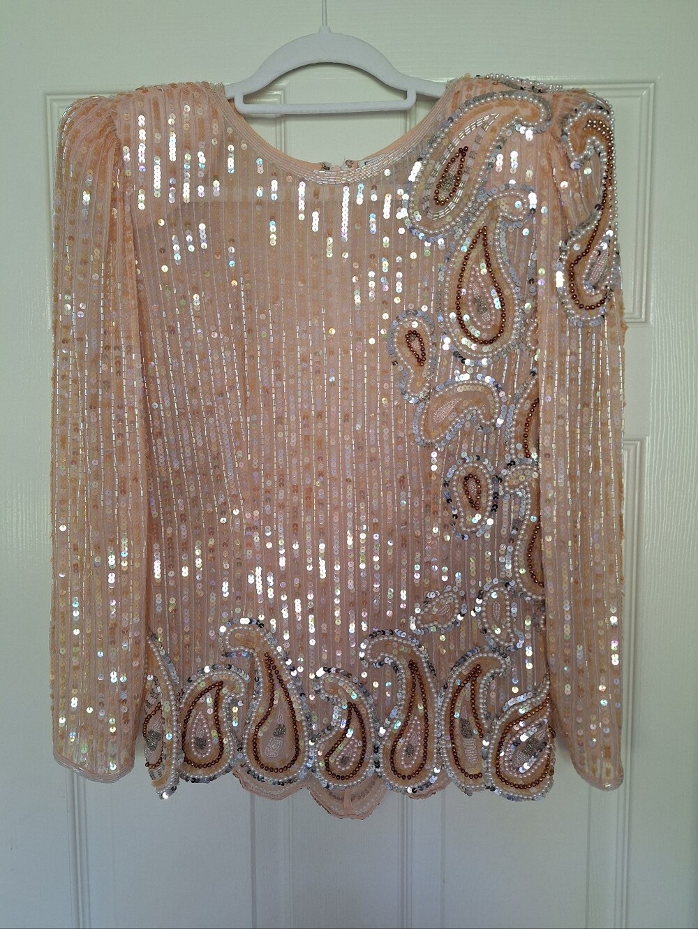 VTG 80s A.J. Bari Silk Beaded Sequined Paisley Blouse Top Peach Pink Size 10
